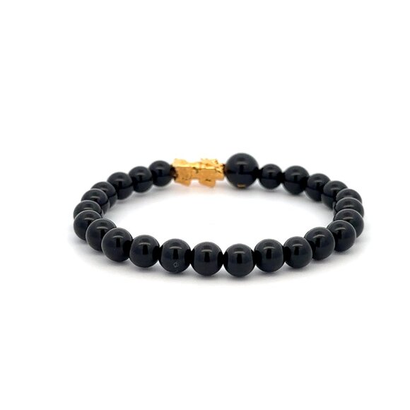 18K Gold Pixiu Piyao Bracelet Gemstones Onyx 6mm Elastic Bracelet Letter G - Picture 4 of 5